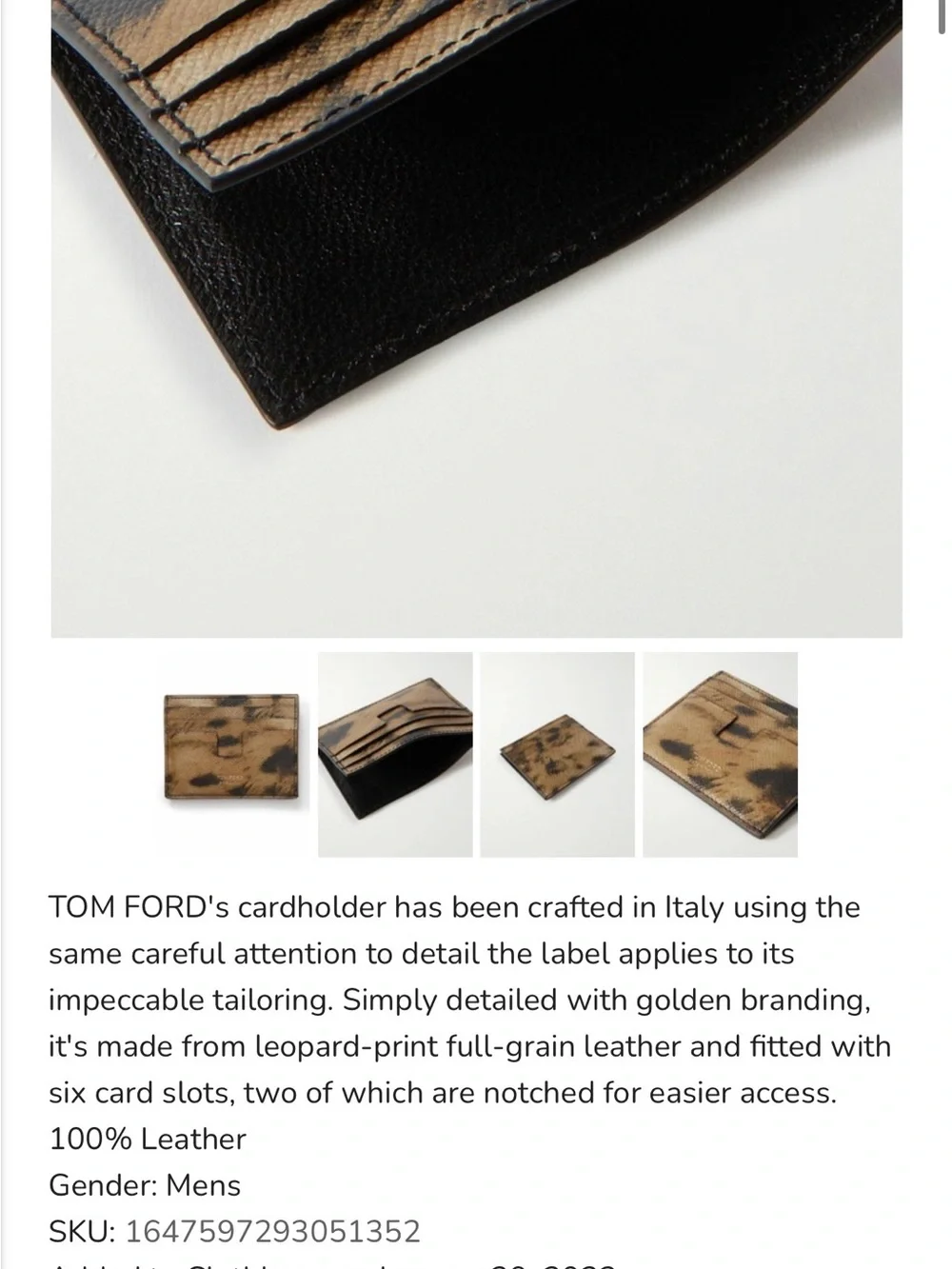 NWOT Tom Ford Leopard Print Full Grain Leather Card Holder